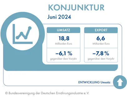 Entwicklung der deutschen Lebensmittelindustrie bezüglich Umsatz und Export im Juni 2024